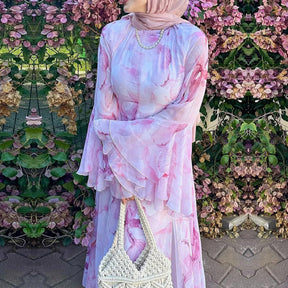 LR1338  Printed Double-Layer Chiffon Flare Sleeve Dress