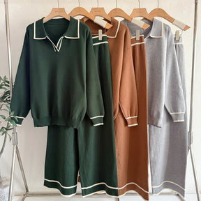 6676  Women's Autumn Contrast Color Lapel Jersey Two-Piece Set