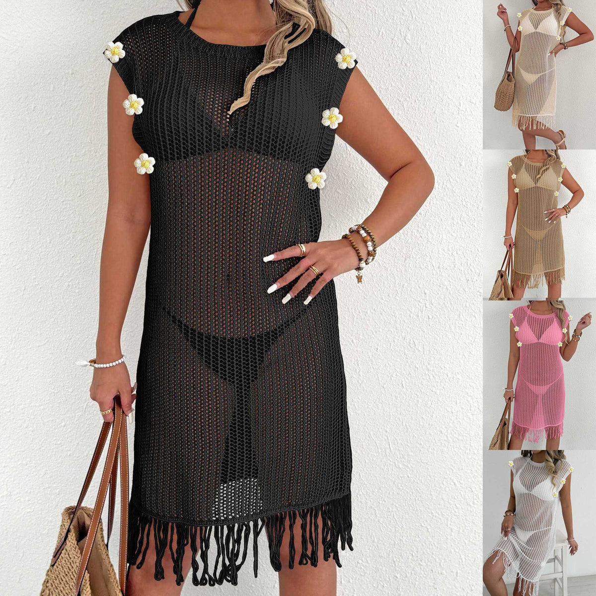 Z105901  Hollow Transparent Tassel Splicing Dress