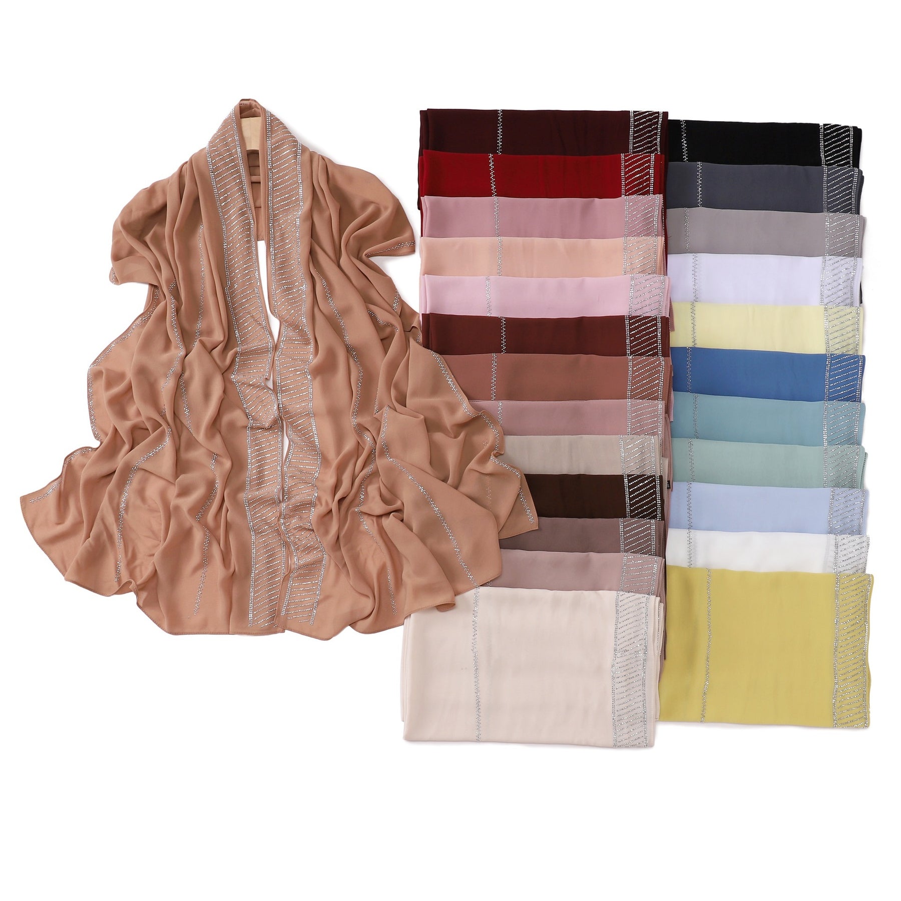 YZ324  Plain Pearl Chiffon Hijab with Rhinestones