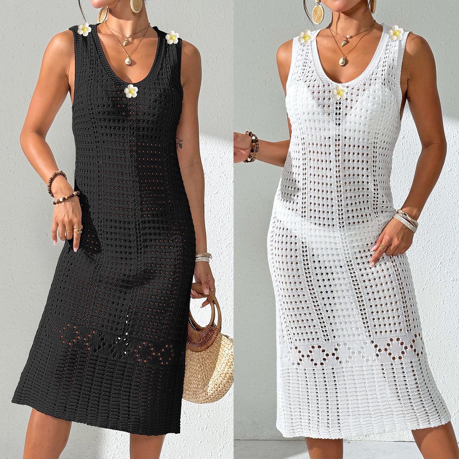 Z105601  Hollow woven hand-crocheted flower patchwork beach dress