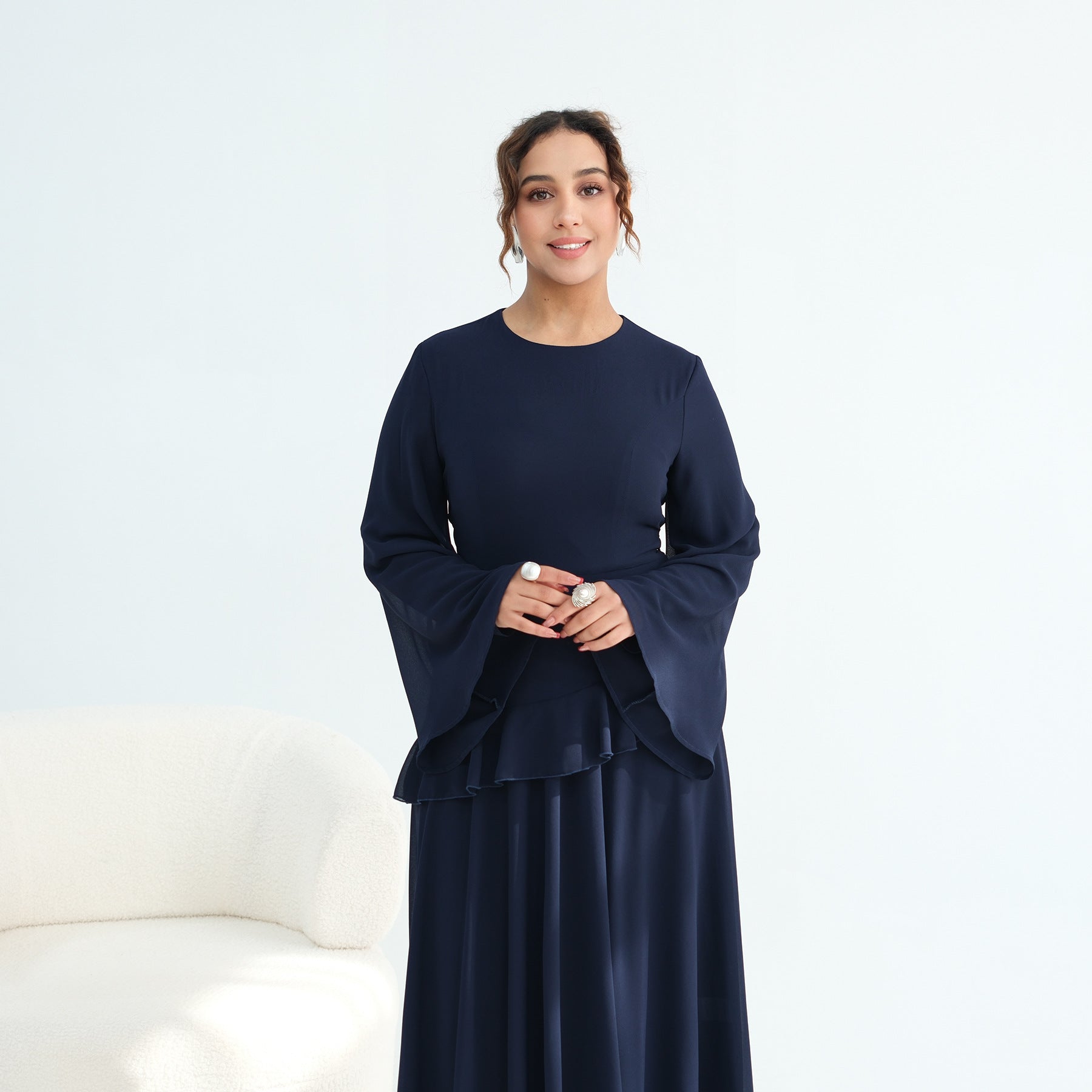 Elegant Double Layer Tie Waist Polyester Abaya
