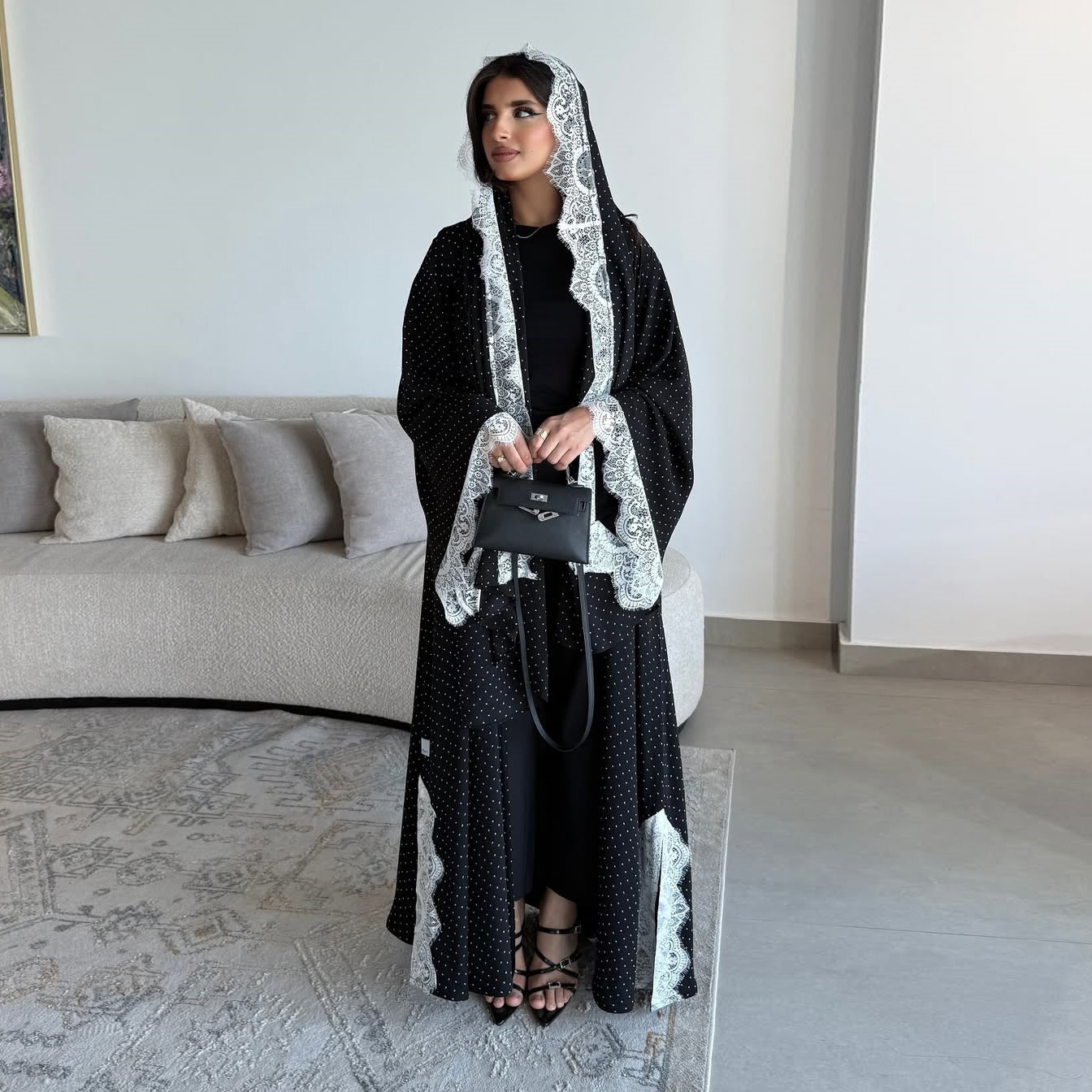MQ259  Lace Trim Polka Dot Print Abaya Cardigan with Hijab Set