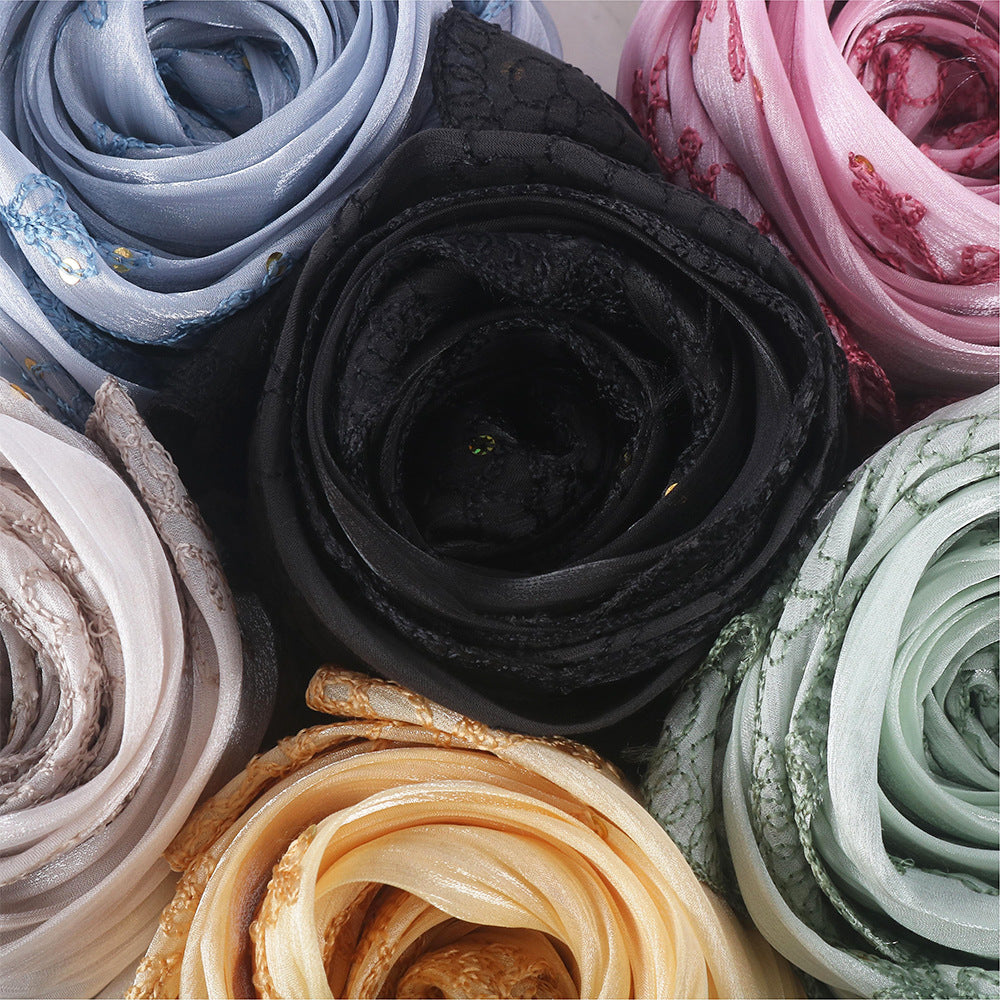 WJ115  Plain Embroidered Scallop Edge Sea Island Silk Hijab