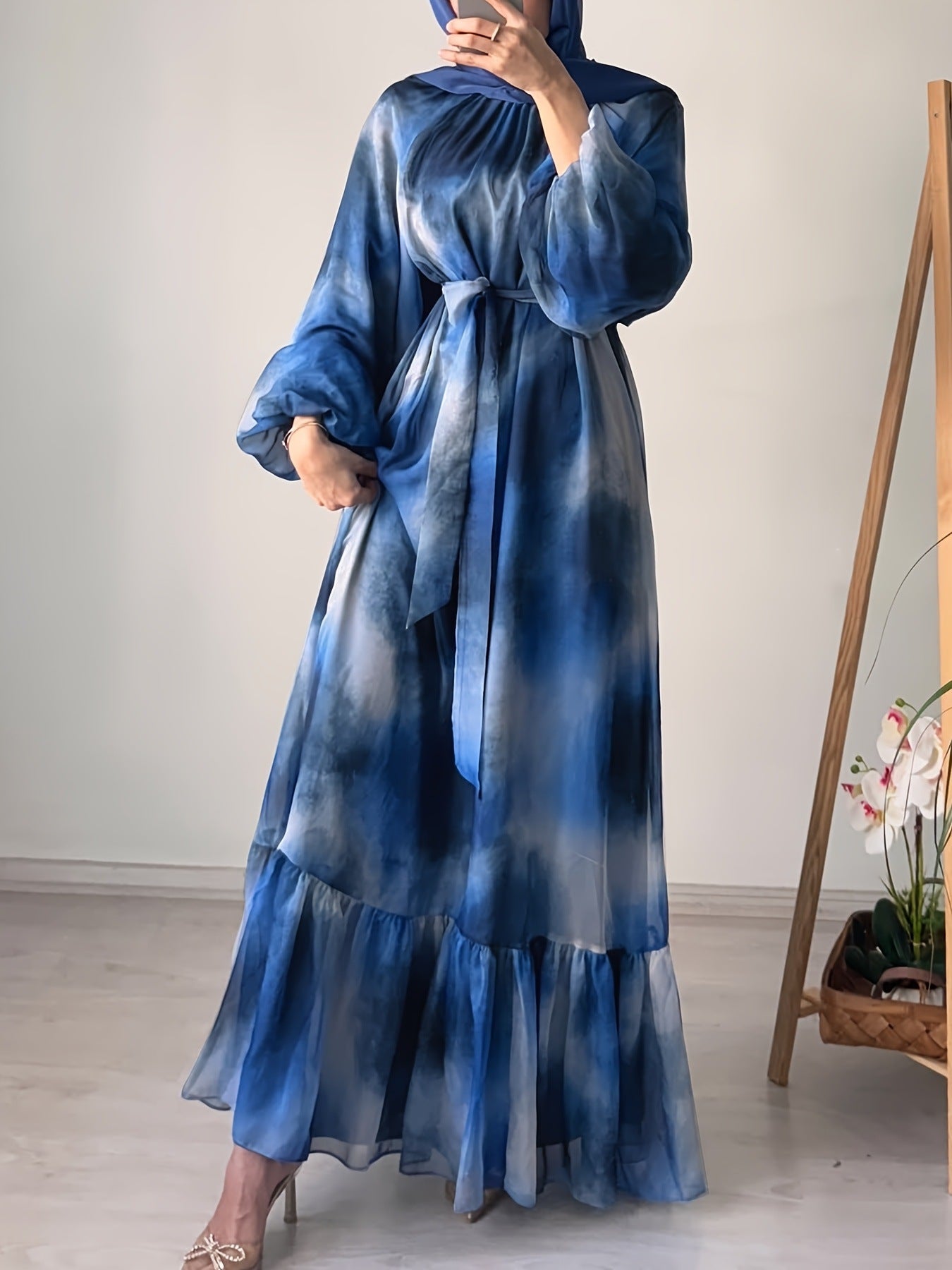 M4059 Fashion Chiffon Round Neck Tie-Dye with Belt Elegant Dress