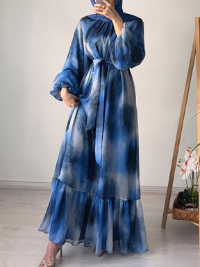 M4059 Fashion Chiffon Round Neck Tie-Dye with Belt Elegant Dress