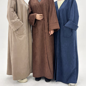 LR891  Fall & Winter Suede Fabric Open Abaya — Open Abaya Only