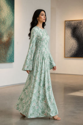 LR1373  Elegant Floral Center Print Double-Layer Polyester Tie Waist Dress