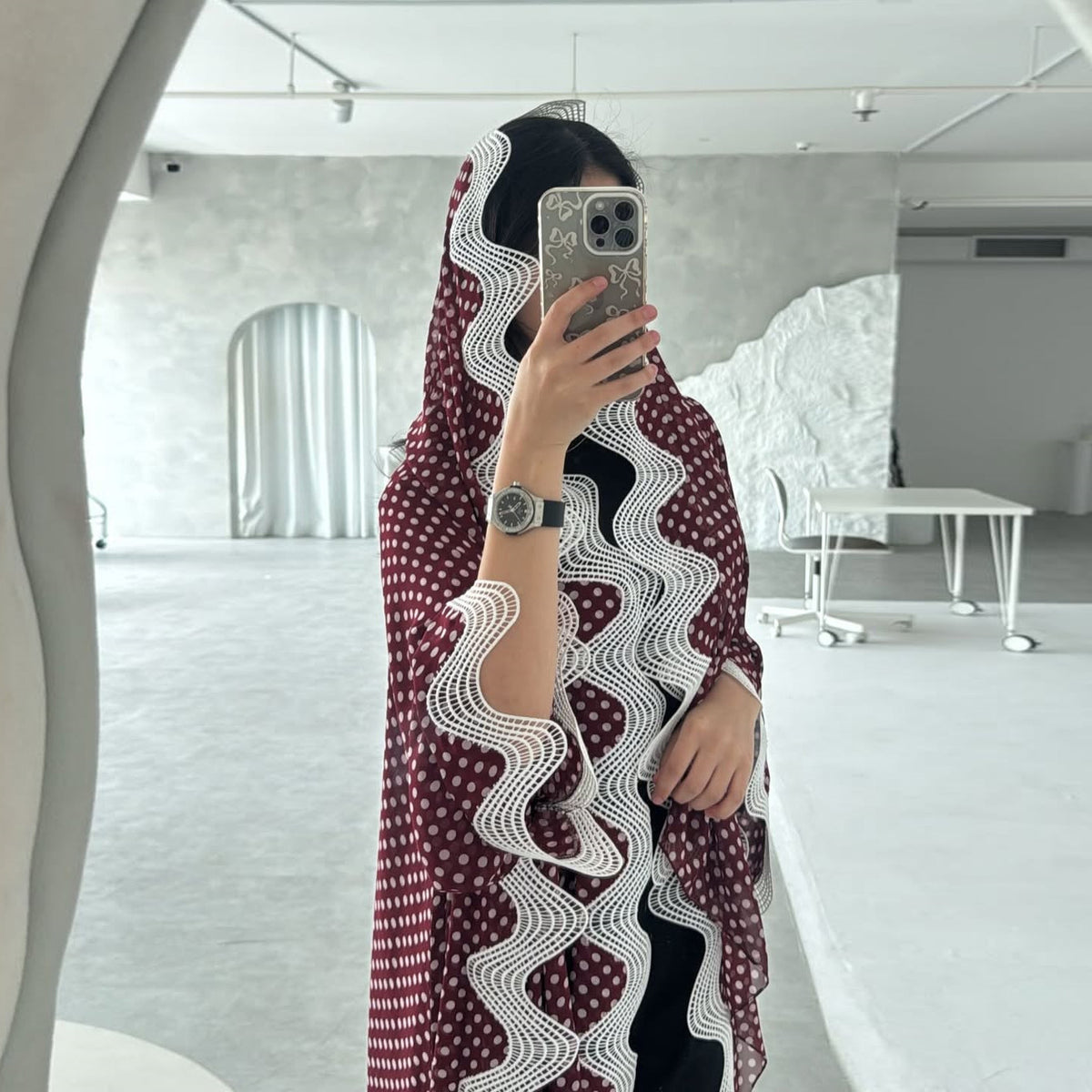 MQ297  Red Polka Dot Chiffon Wavy Lace Cardigan + Hijab Set
