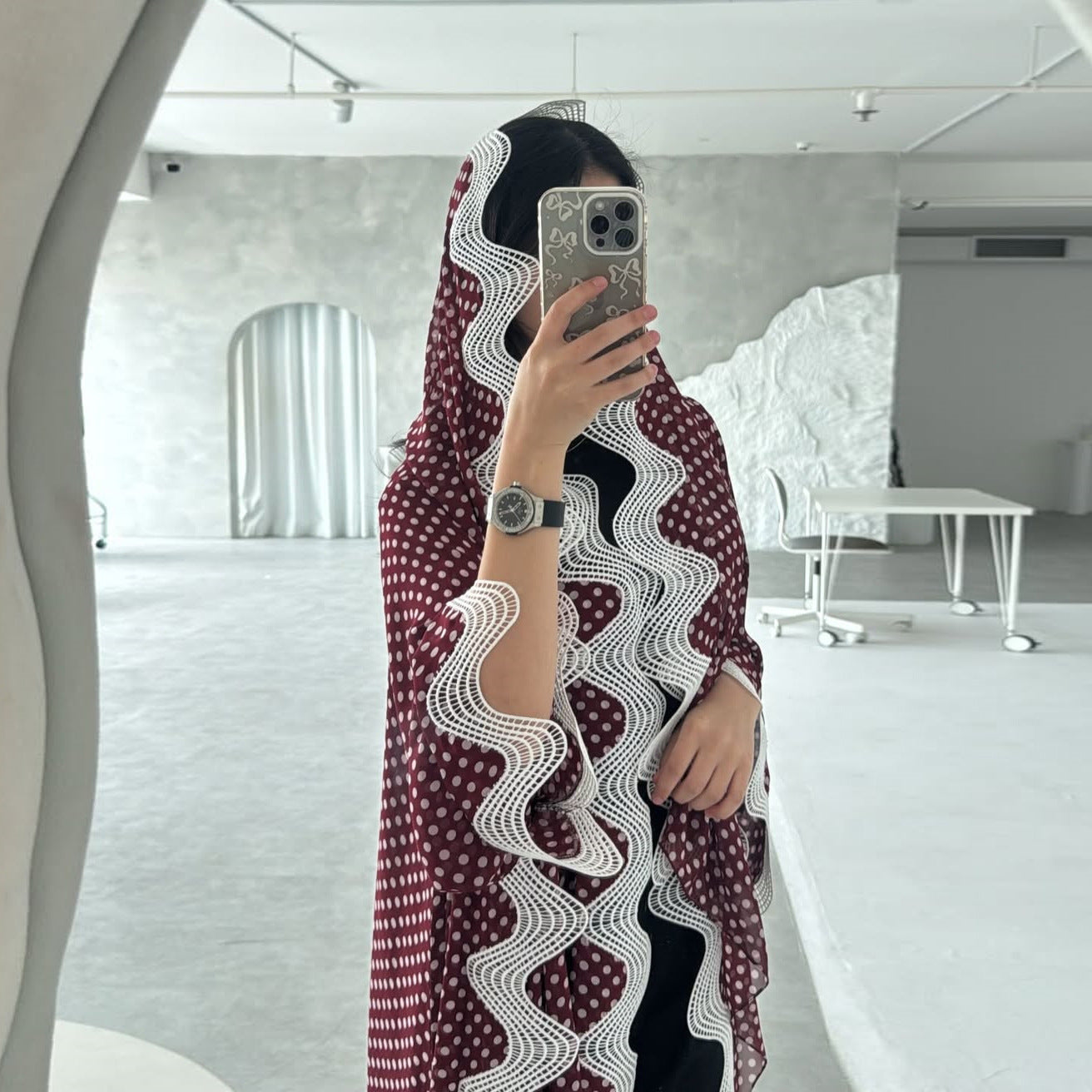 MQ297  Red Polka Dot Chiffon Wavy Lace Cardigan + Hijab Set