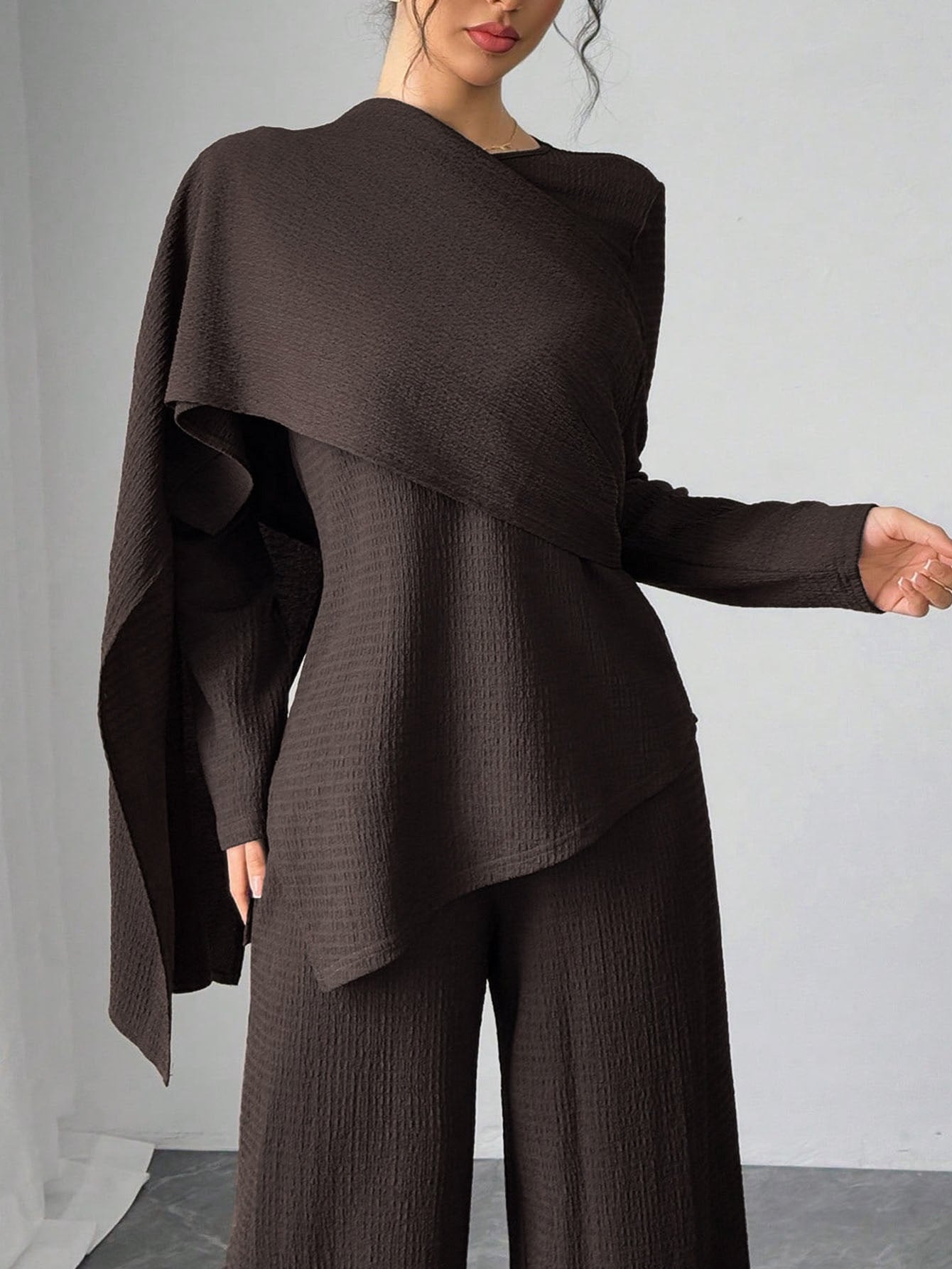 SY013  Elegant Casual Polyester Top + Wide-Leg Pants Set
