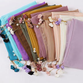 TJ025 plain pearl chiffon Accessory tassel hijab scarf