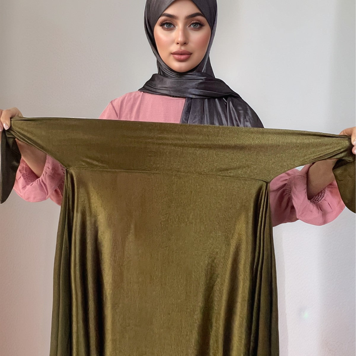 Plain Glossy Crinkle Polyester Jersey Hijab - Model View 3