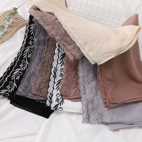 W-0512  Pearl Chiffon Long Hijab with One Side Embroidery