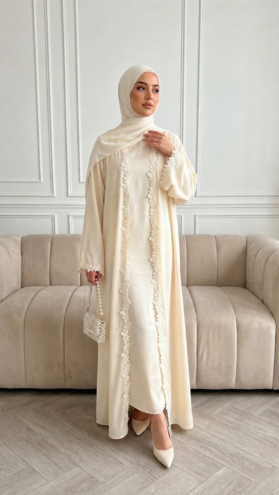 HBWT  Plain Lace Polyester Cardigan + Hijab Set