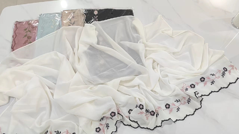 WJA498  Plain Elastic Chiffon Embroidered Long Hijab Headwrap