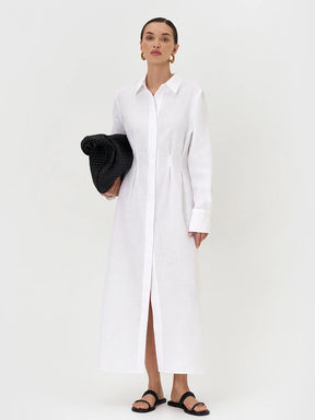 LYQ0431  Women's Waist-Cinching Linen Shirt Dress with Side Slit