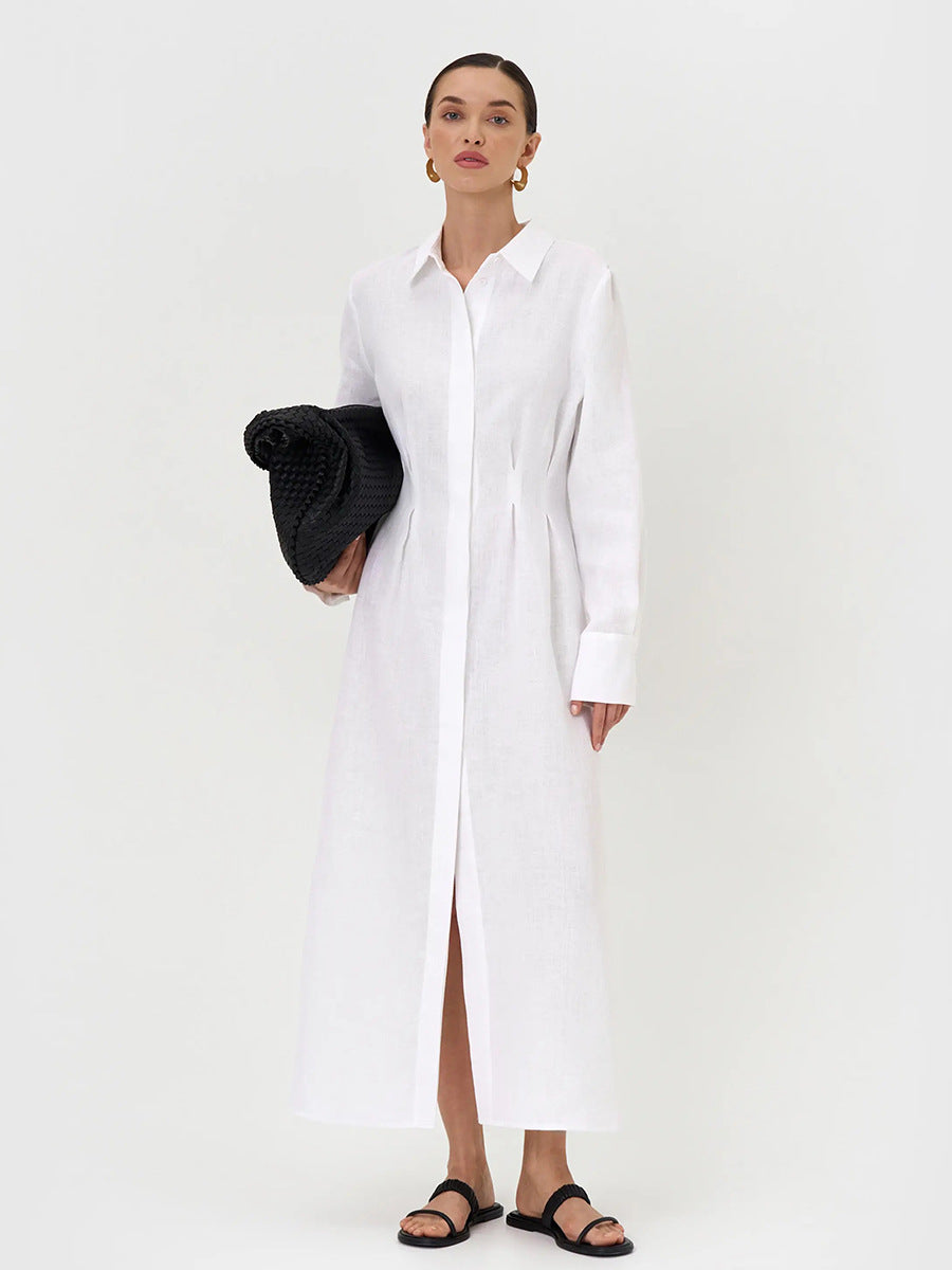 LYQ0431  Women's Waist-Cinching Linen Shirt Dress with Side Slit