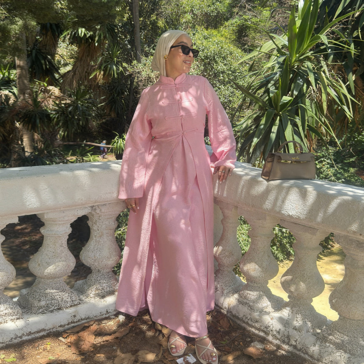 LR1124  Plain Solid Polyester Tie-Front Open Abaya Cardigan + Inner 2-Piece Set