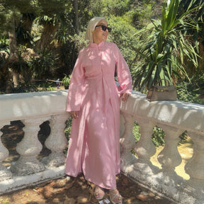 LR1124  Plain Solid Polyester Tie-Front Open Abaya Cardigan + Inner 2-Piece Set