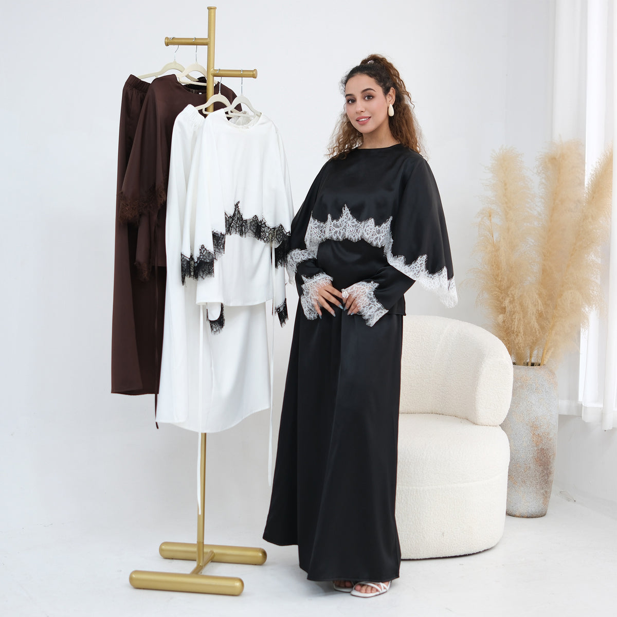 LR1178  Lace-Trim Polyester Top with Shawl & Skirt Set - Sold Separately
