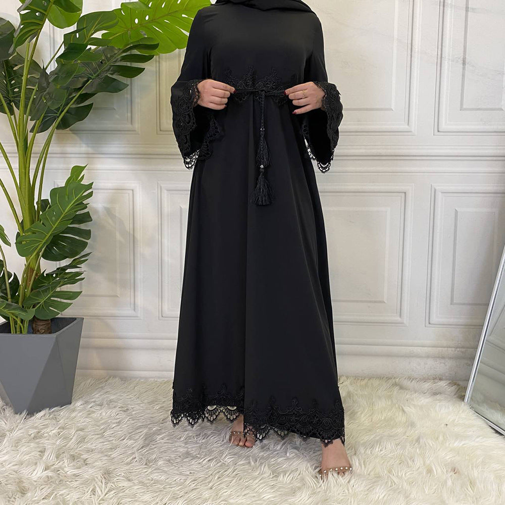 16001 plain Lace stitching muslim abaya dress