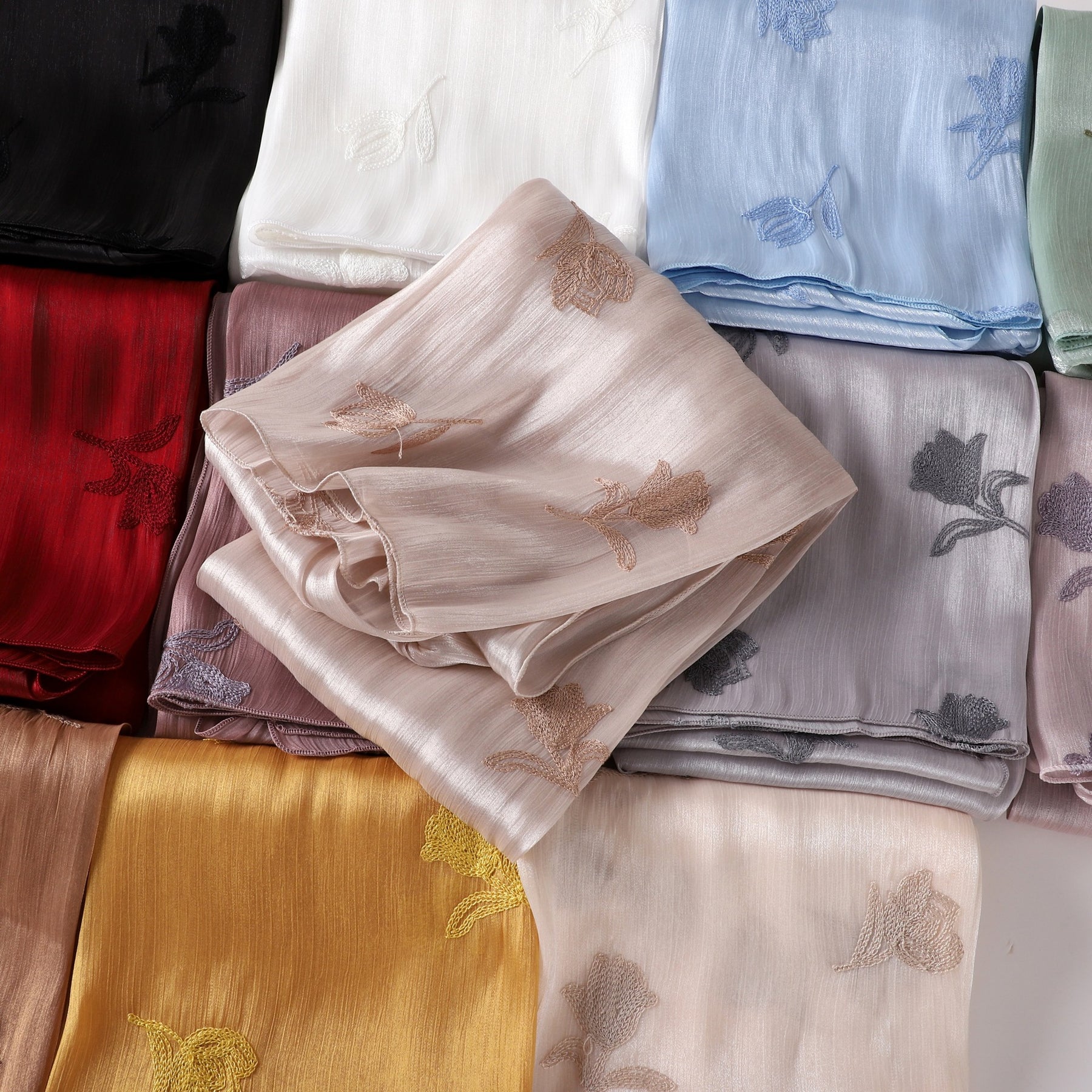 YZ330  Plain Sea Island Silk Embroidered Satin Hijab