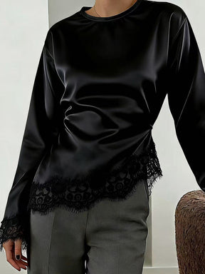 B3788  Round Neck Plain Long Sleeve Irregular Hem Lace Trim Base Layer Top