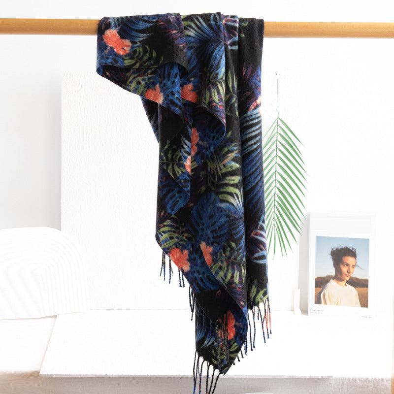 FH24-5763 Blue and black leaf print tassel scarf