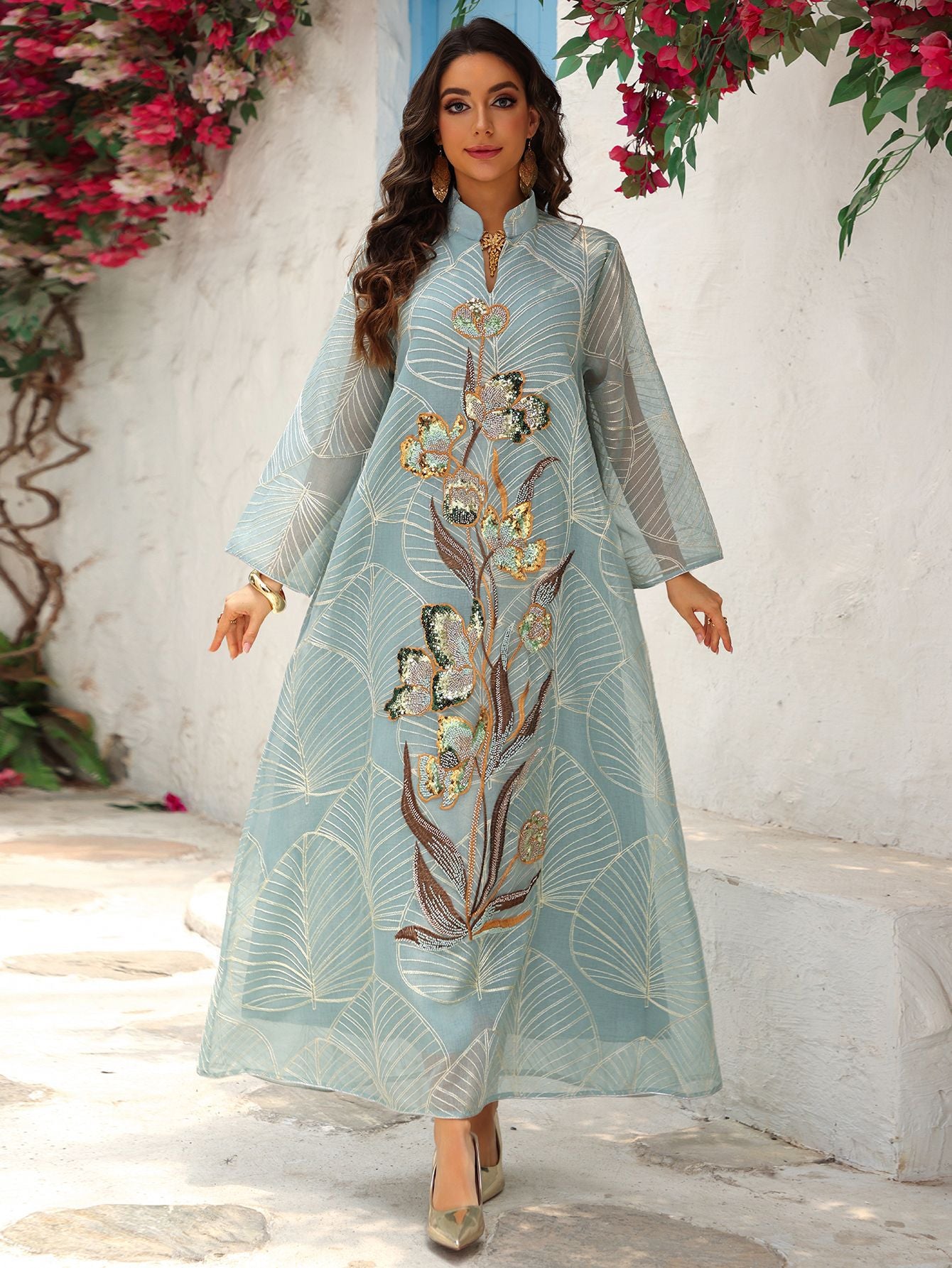 AB485  Mesh Embroidered Maxi Dress Ethnic Women's Clothing