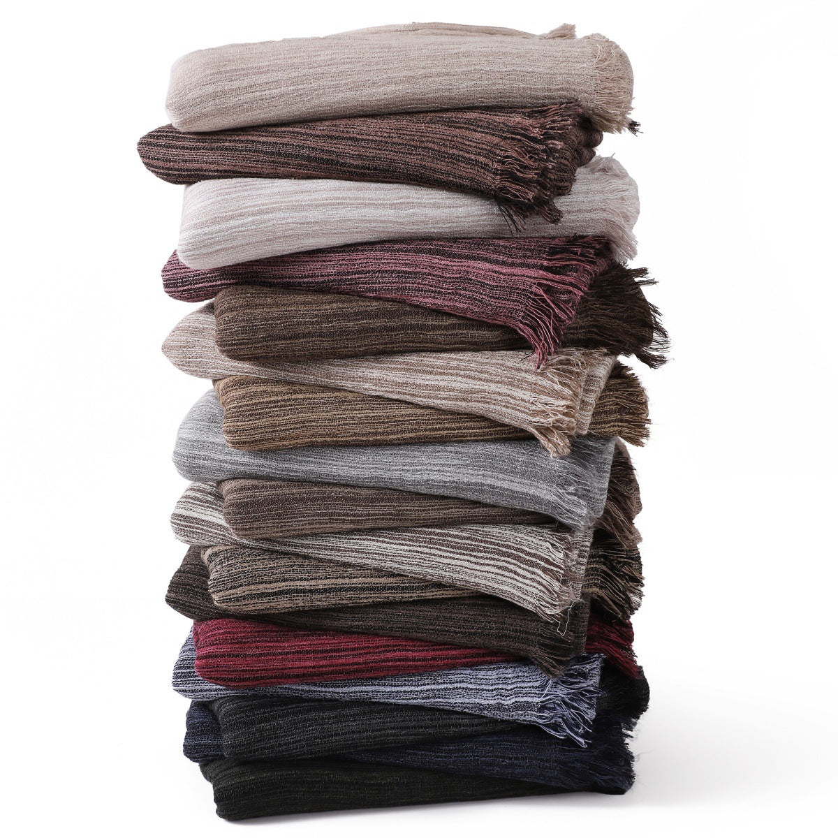 YZ319  Plain Vertical Stripe Modal Crinkle Fringe Hijab