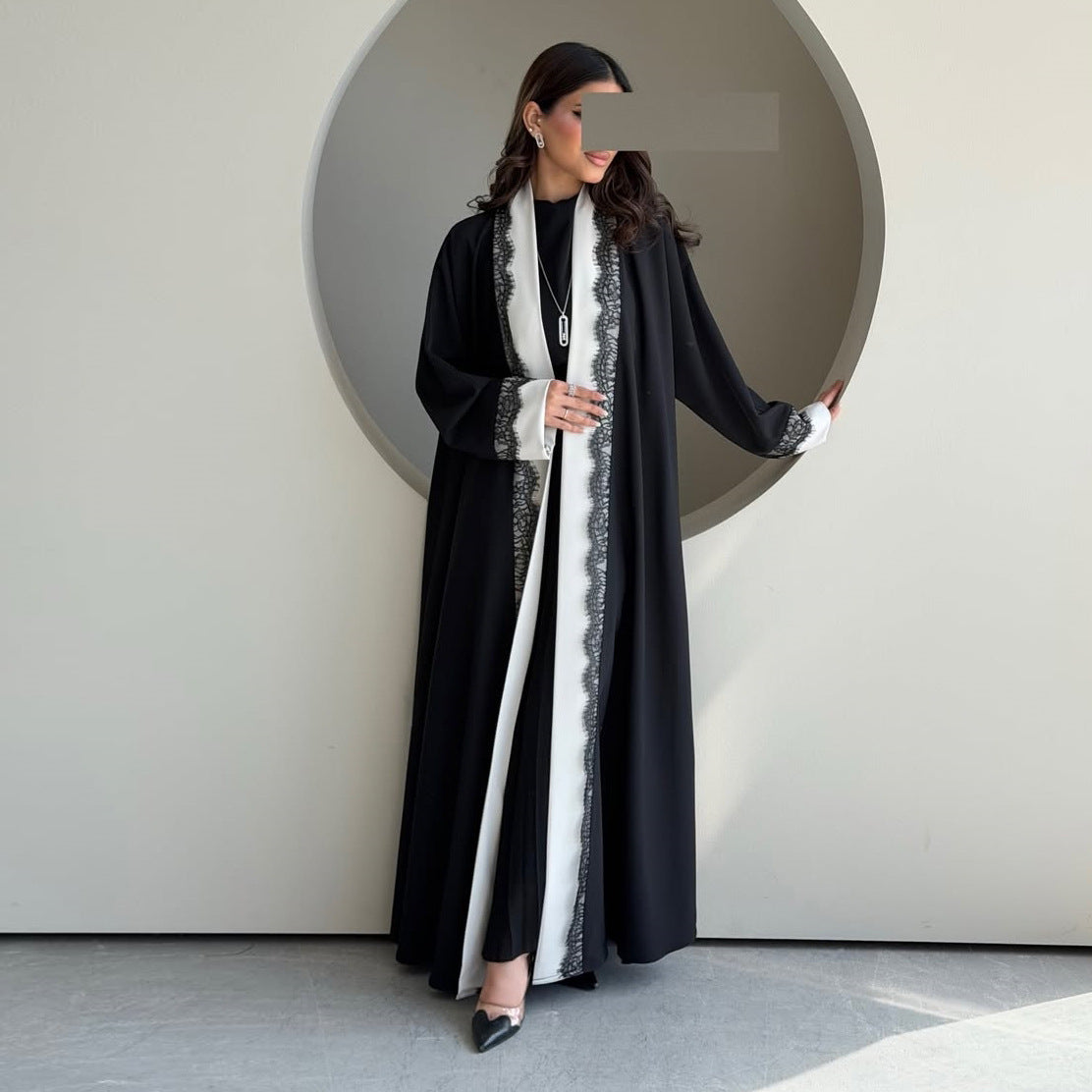 MQ266  Black Polyester Lace Patchwork Abaya