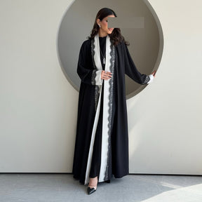 MQ266  Black Polyester Lace Patchwork Abaya