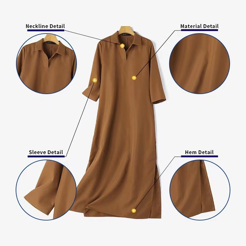 S010 Spring Autumn Plain Lapel Long Sleeve Loose Long Dress Abaya