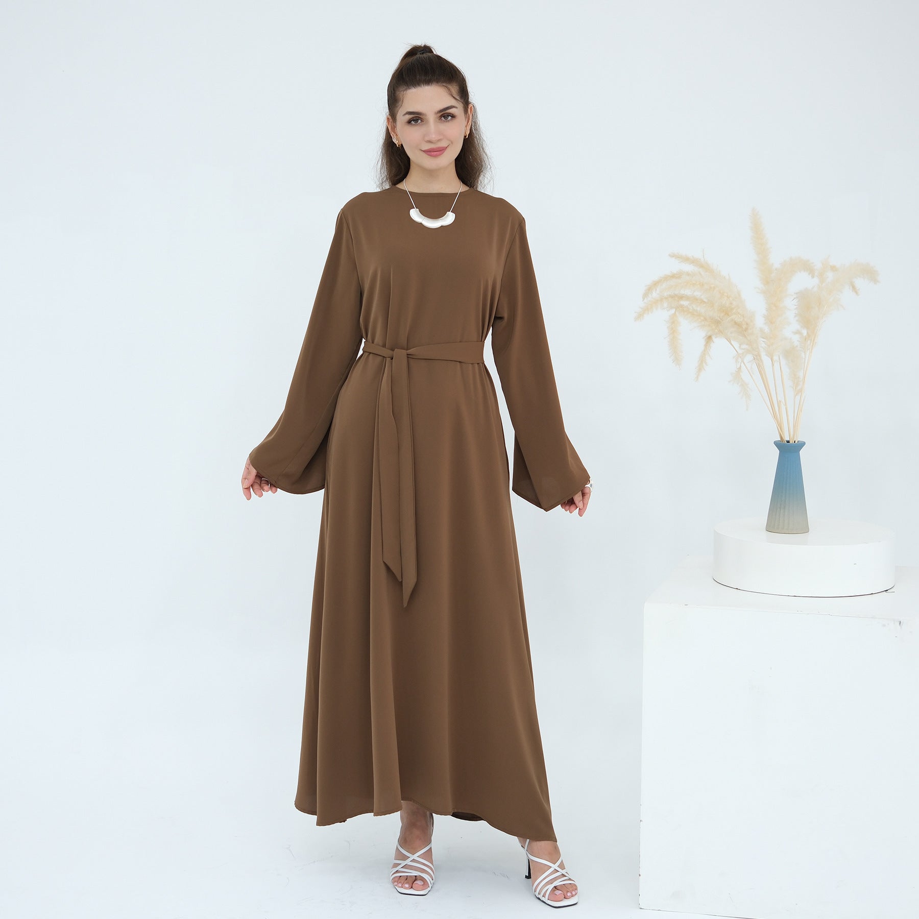 LR1046  Plain Tie-Waist Nida Dress