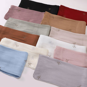 W-0625  Sea Island Silk Bright Silk Hijab with Rhinestone Bow
