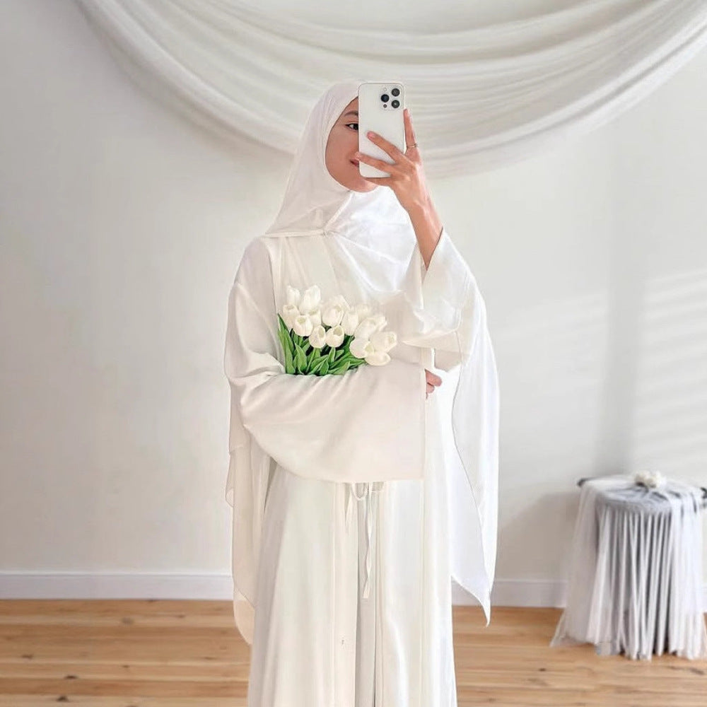K113  Satin Tie-Front Open Abaya + Inner Dress Set - No Hijab