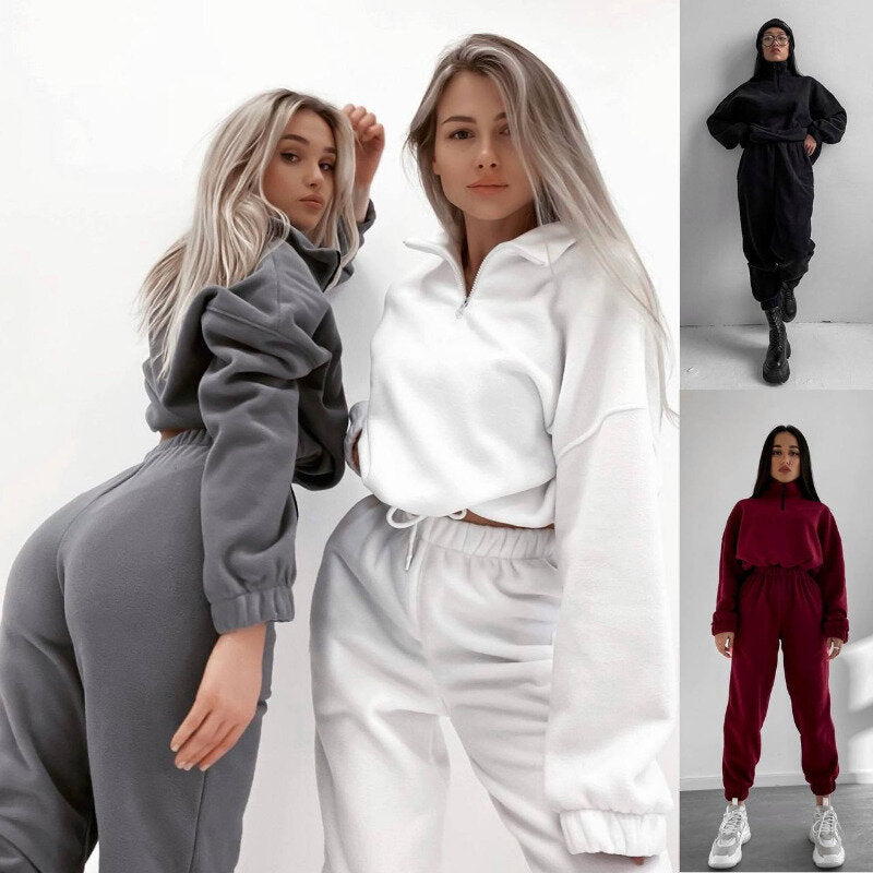 PP5972 Spring Autumn Plain Loose Zip Up Stand Collar Sweatsuit 2-Piece Set Abaya