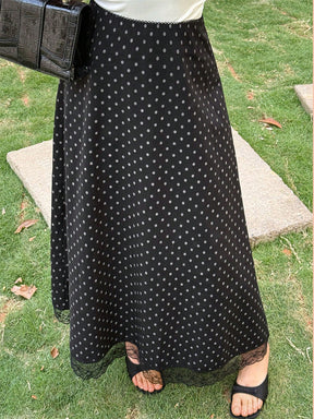 DM3351  Elastic-Waist Diamond Pattern Polyester Lace-Trim Maxi Skirt