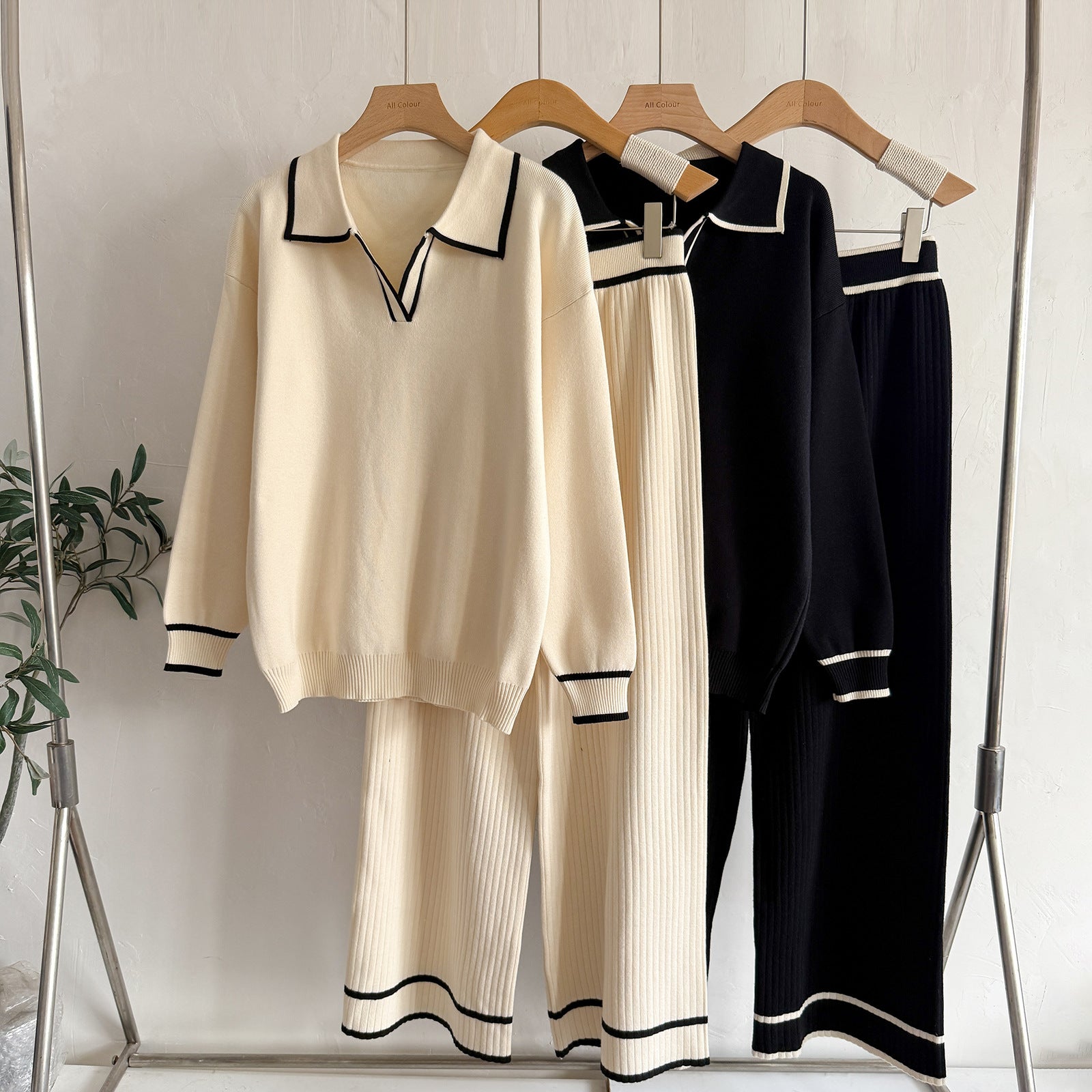 6676  Women's Autumn Contrast Color Lapel Jersey Two-Piece Set