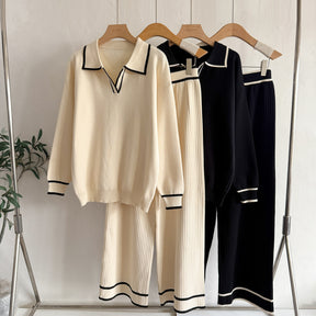 6676  Women's Autumn Contrast Color Lapel Jersey Two-Piece Set