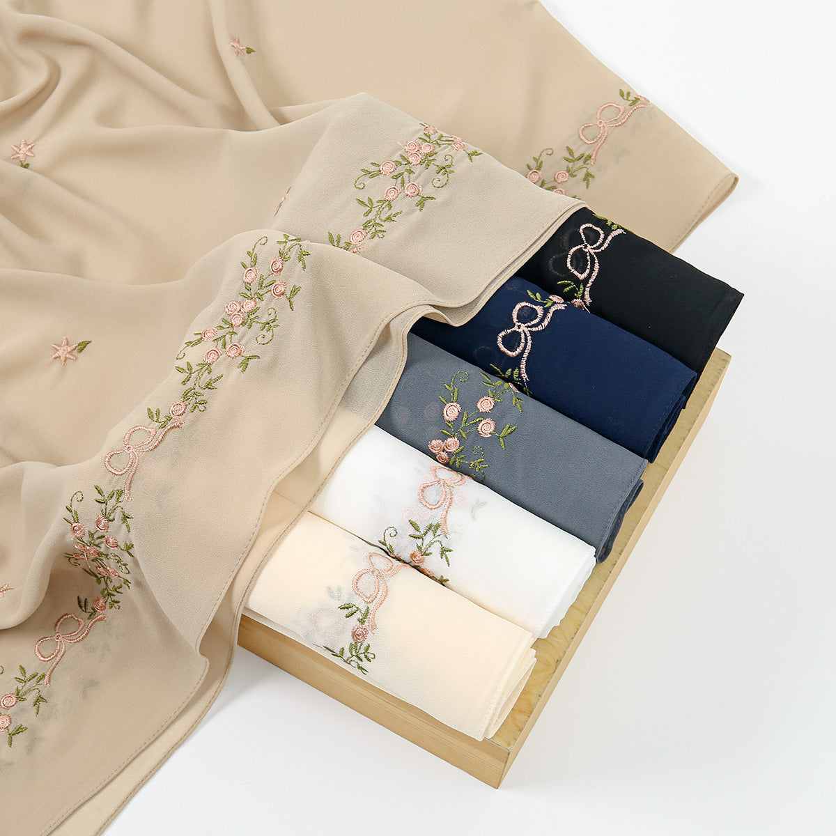 VE122  High-Quality Plain Elastic Chiffon Hijab with Embroidery