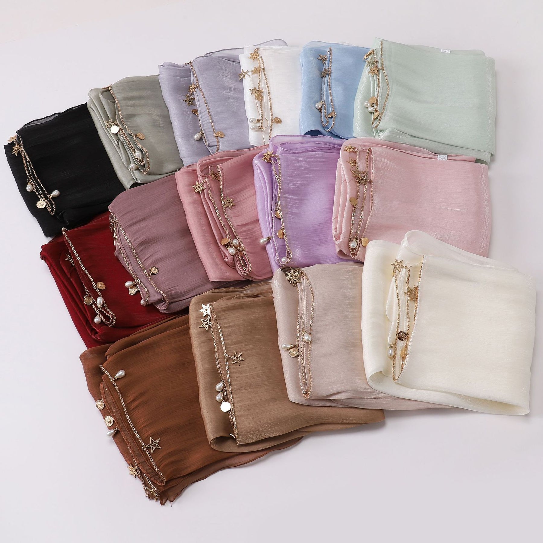 260302  Sea Island Silk Long Hijab with Handmade Chain