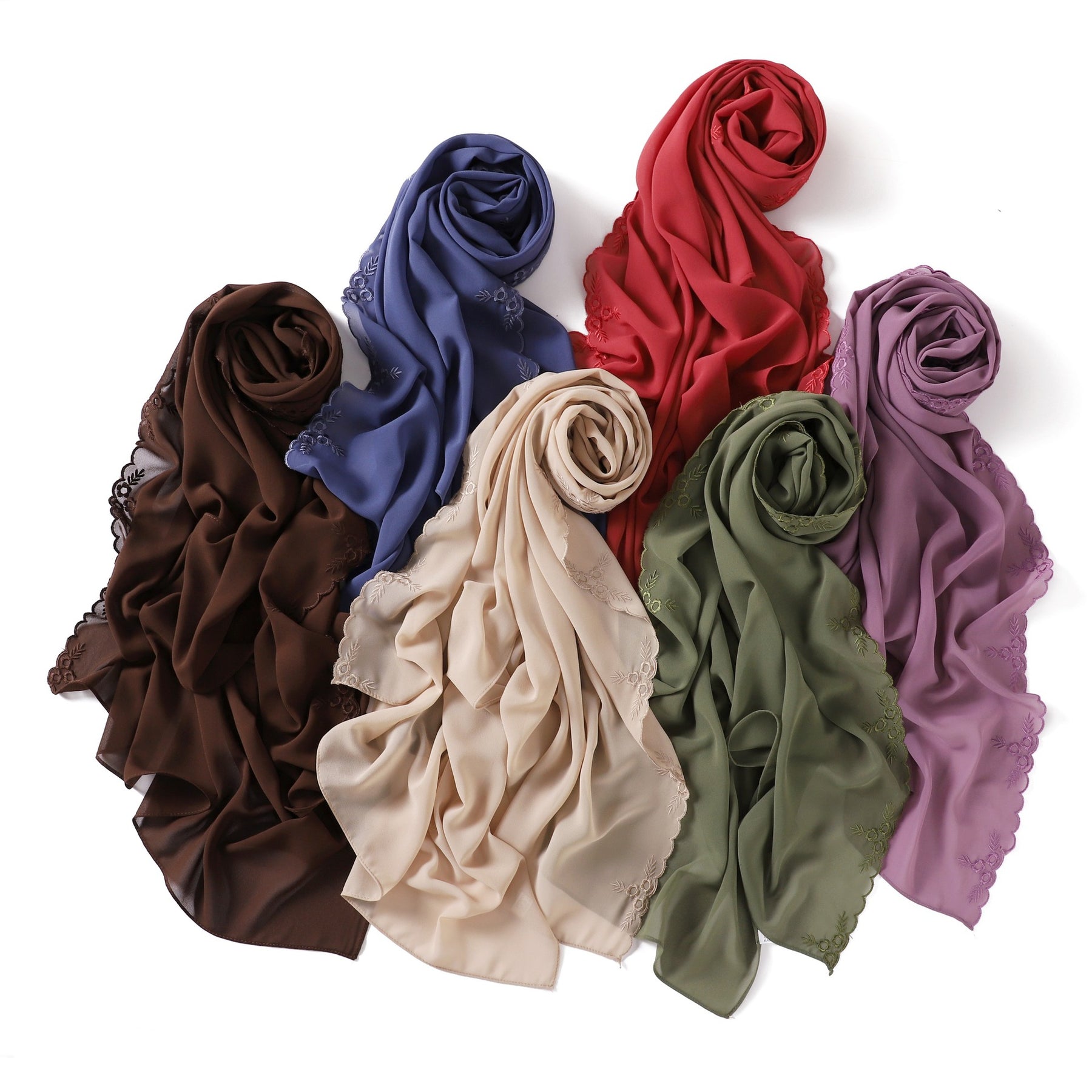 YZ336  Plain Solid Hijab with Flower Embroidered Chiffon