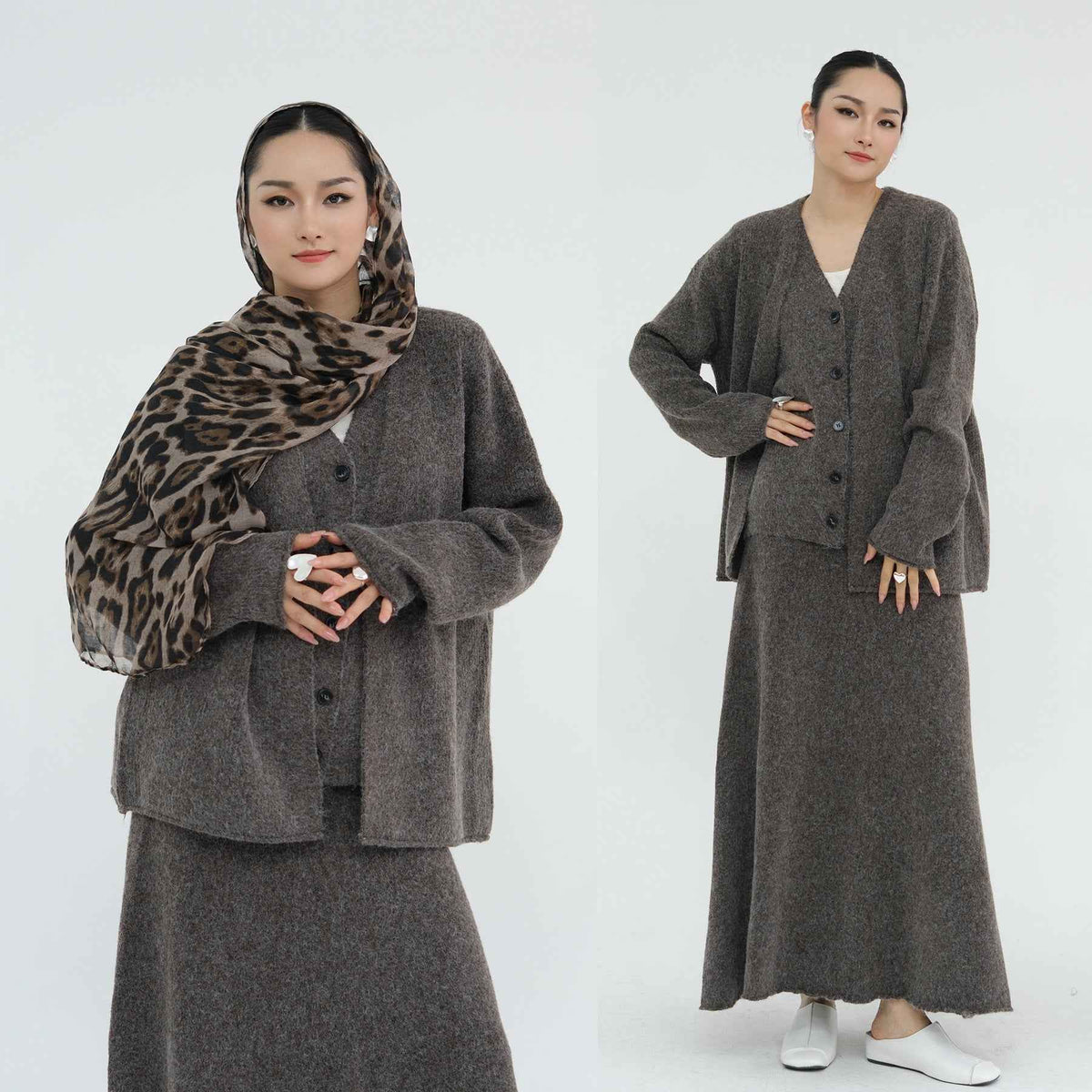 WDM010  Autumn/Winter Thickened Knitted Plain Three-Piece Set + Hijab