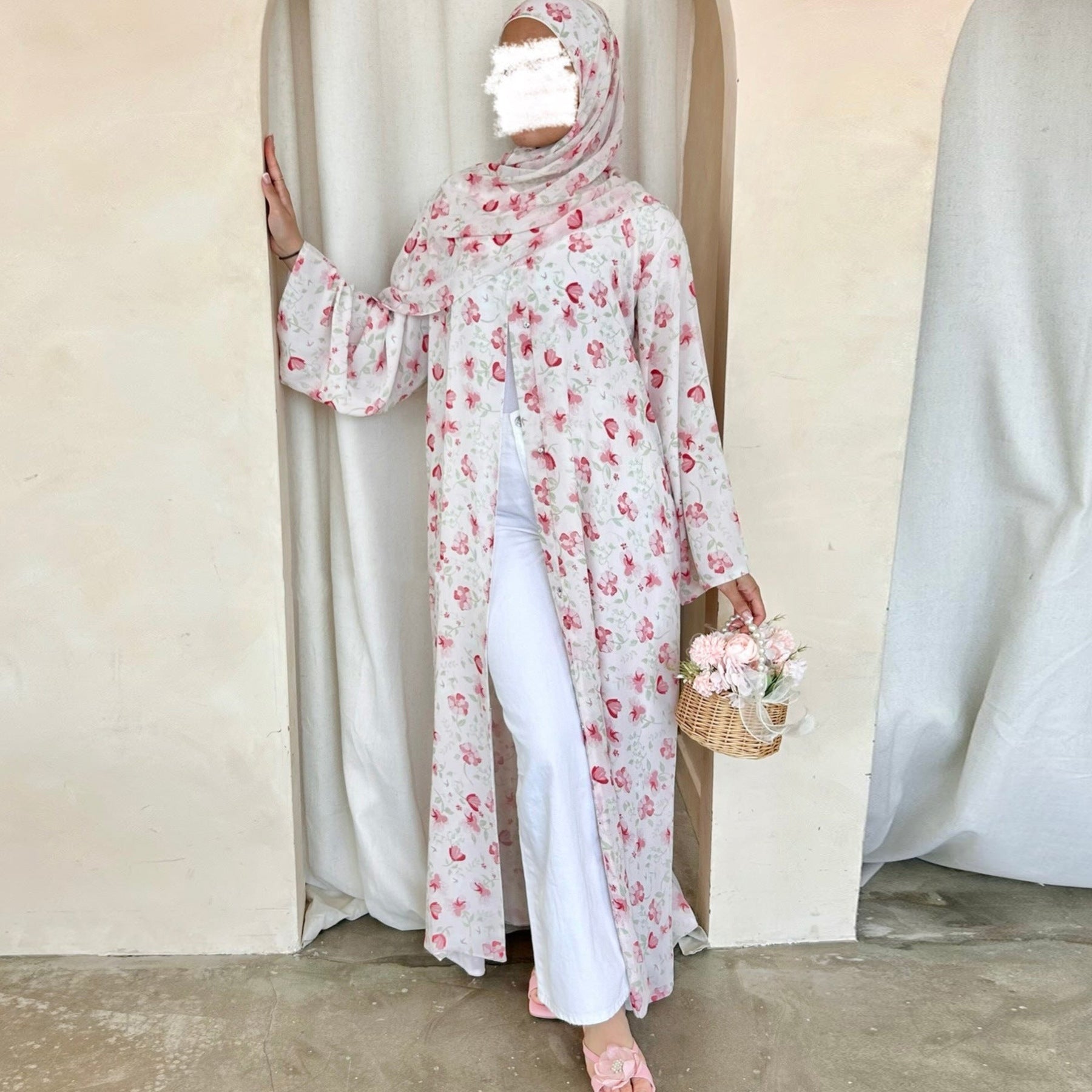LR1067  Printed Chiffon Lined Open Abaya + Hijab Set