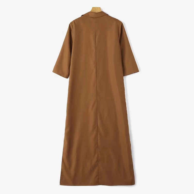 S010 Spring Autumn Plain Lapel Long Sleeve Loose Long Dress Abaya