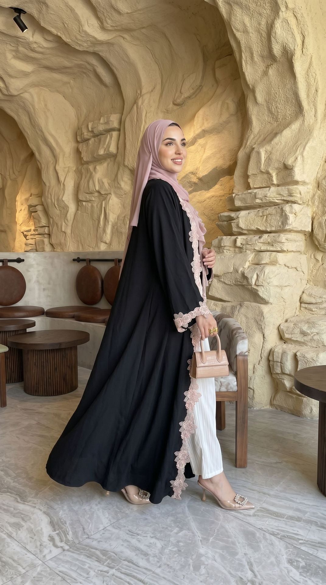 HBWT  Plain Lace Polyester Cardigan + Hijab Set