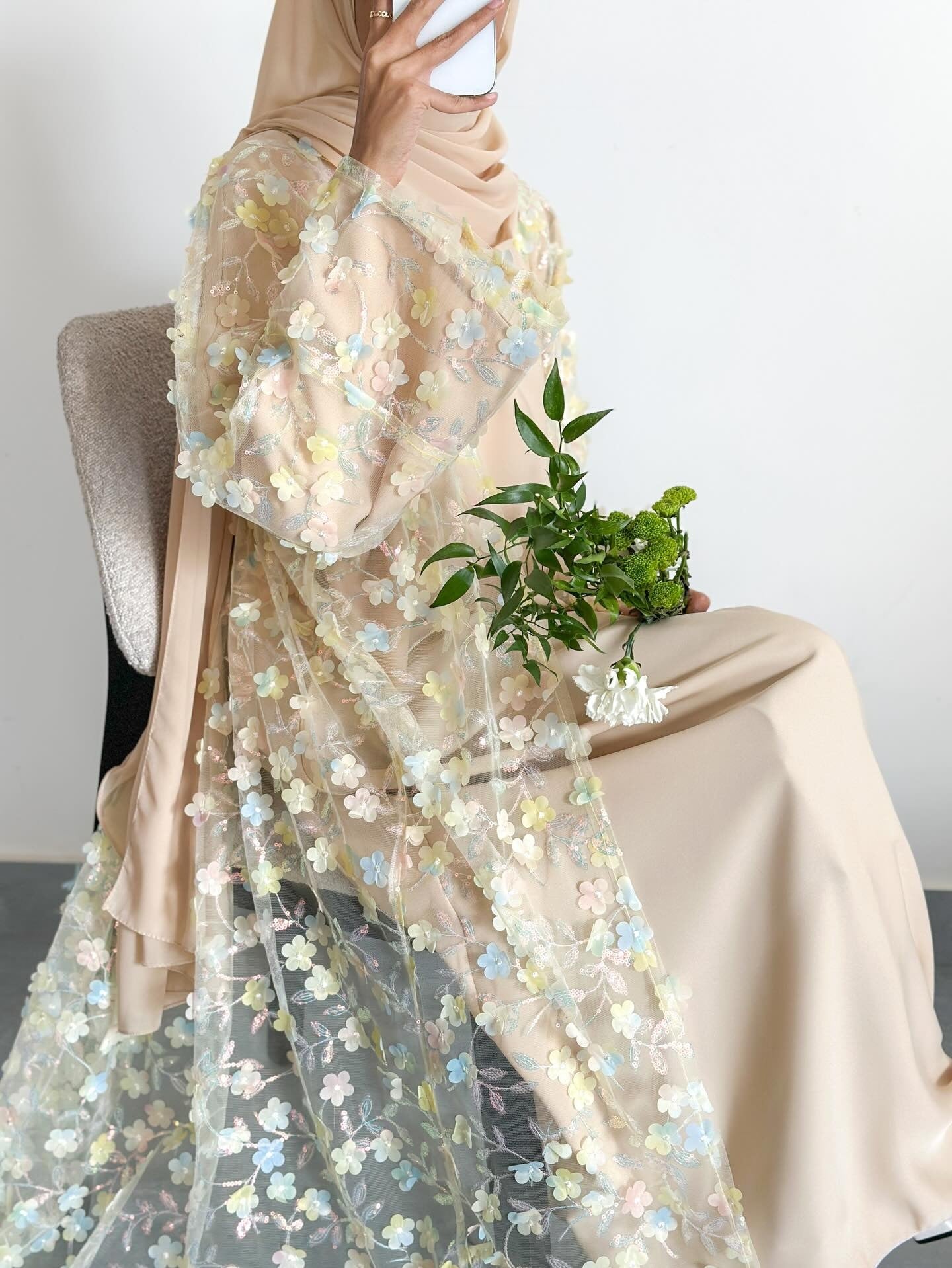 LR1189  3D Floral Open Abaya + Nida Inner Layer + Hijab Set