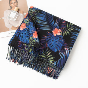 FH24-5763 Blue and black leaf print tassel scarf